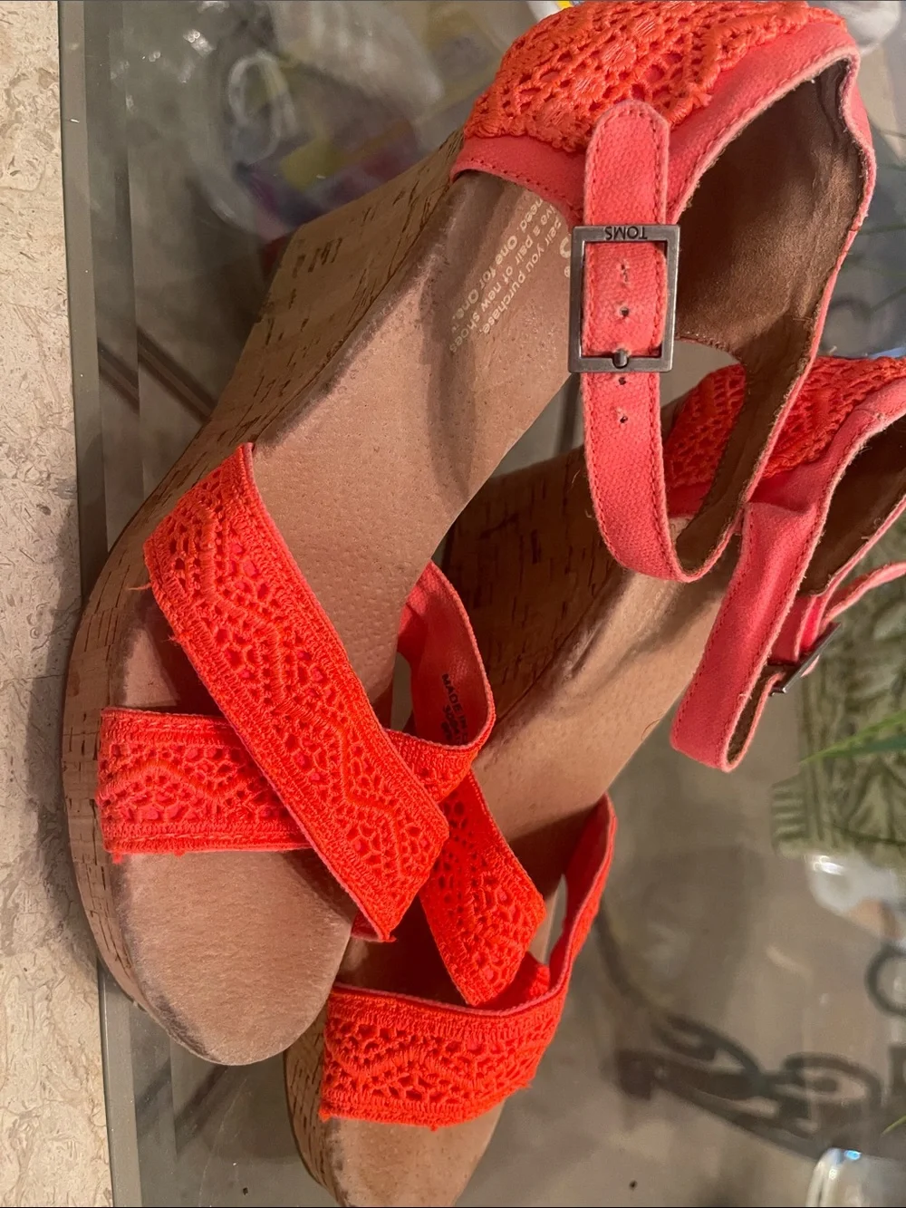 Toms Coral Crochet Cork Wedge Sandals with Ankle Strap